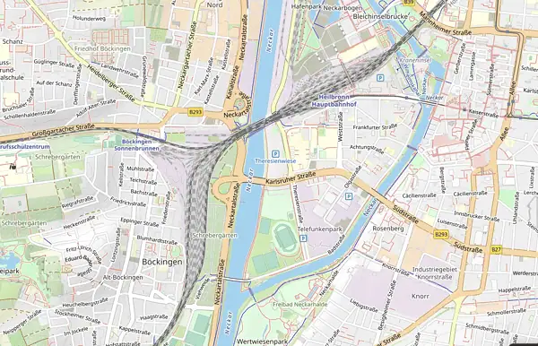 map Bahnhof Heilbronn Hauptbahnhof, zentrale Verkehrsanbindung, im Stadtplan sichtbar.